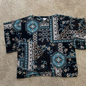 Chico's Black and Teal Floral Pattern Top